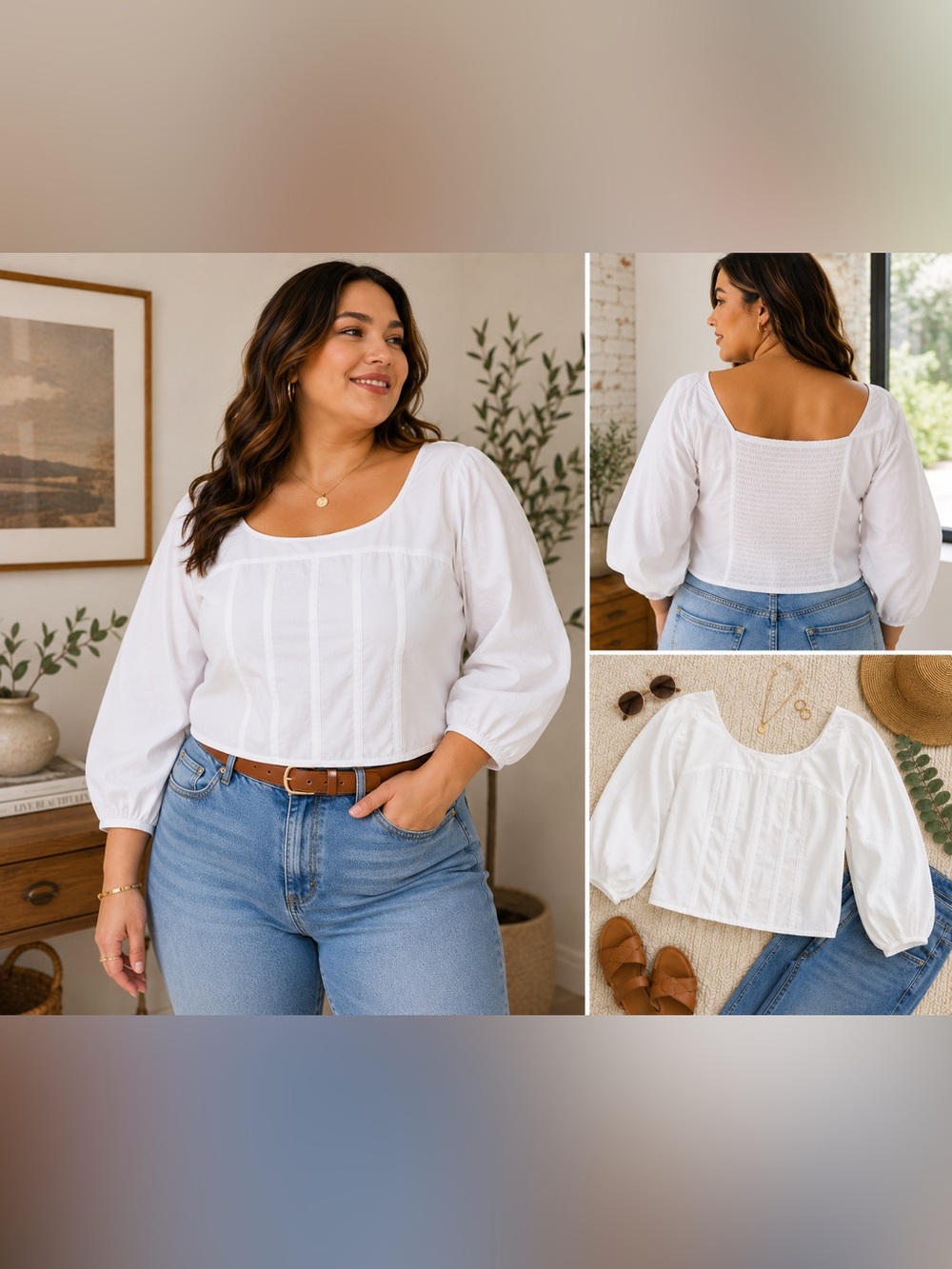LOFT Poplin Corset Seamed Blouse White Puff Sleeve Crop Top Women’s 16